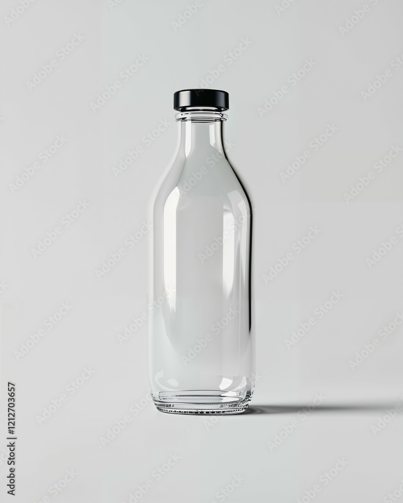 Clear glass bottle with a black cap displayed against a light background in minimalist style Clear glass bottle with a black cap displayed against a light background in minimalist style