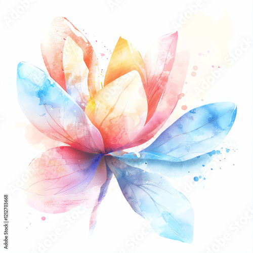 A vibrant watercolor illustration of a blooming lotus flower, combining soft pastel hues for an ethereal effect. photo