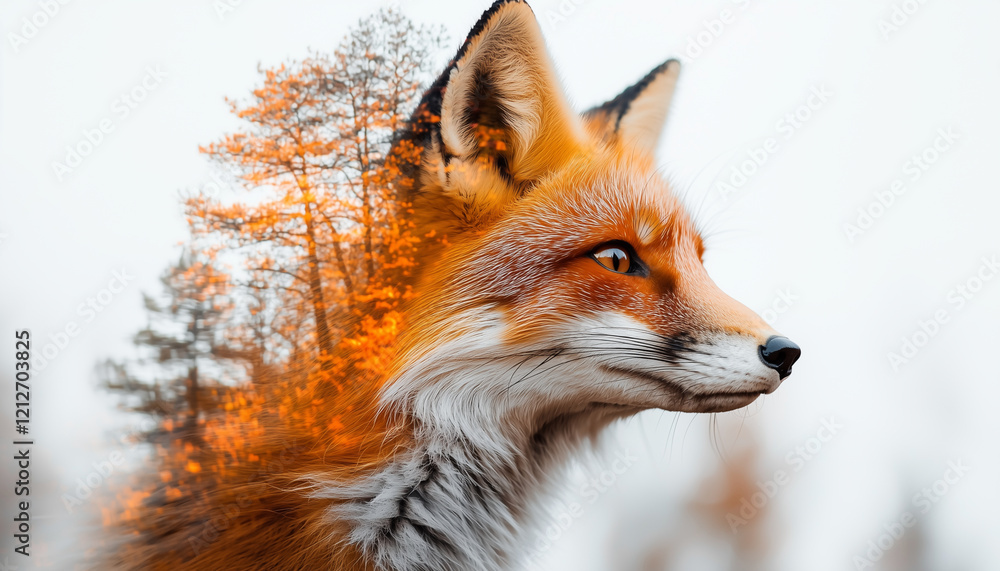 Obraz premium A stunning portrait of a fox with a forest overlay, capturing the essence of wildlife and nature. This creative image blends colors and textures beautifully.