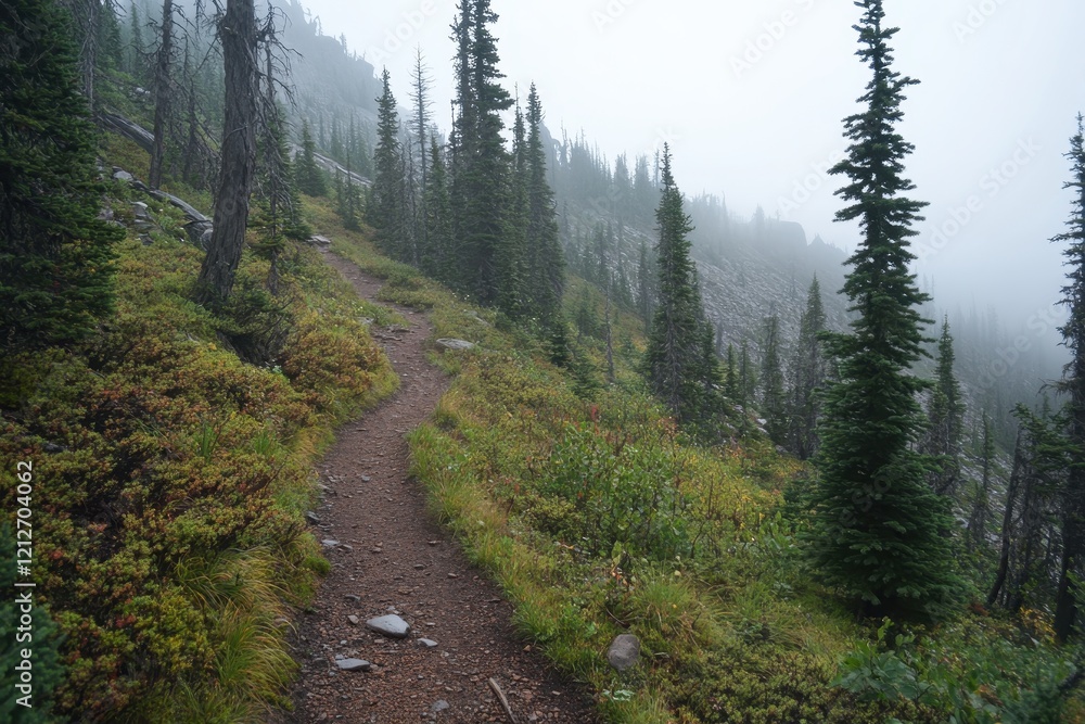 Misty mountain trail winding through evergreen forest Misty mountain trail winding through evergreen forest
