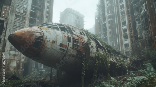 colossal abandoned spaceship covered in bioluminescent vines resting in a dystopian cityscape with towering ruins moody atmospheric lighting and cyberpunk elements photo