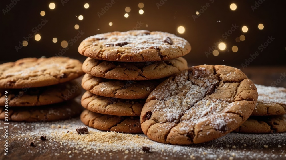 A stack of freshly baked cookies dusted with powdered sugar, set against a warm background. A stack of freshly baked cookies dusted with powdered sugar, set against a warm background.
