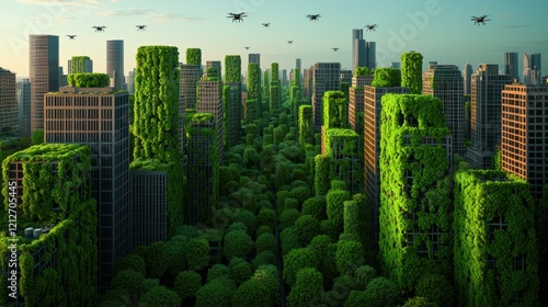Drone View of Lush Greenery Overgrown Cityscape