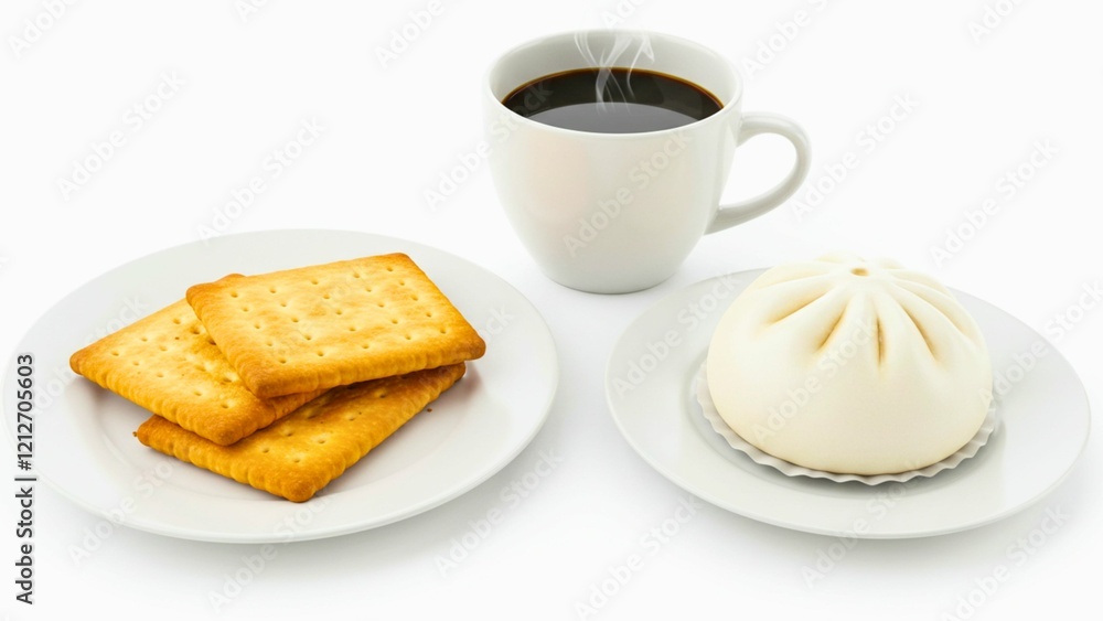 Cup of Hot Coffee with Crispy Biscuits and a Fluffy Steamed Bun Cup of Hot Coffee with Crispy Biscuits and a Fluffy Steamed Bun