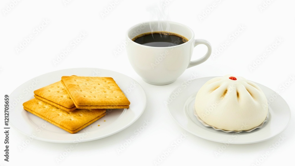 Traditional Snack with Coffee, Biscuits, and Chinese Steamed Bun Traditional Snack with Coffee, Biscuits, and Chinese Steamed Bun