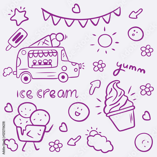 Ice cream Hand drawn doodle set. Different types, waffle cone, cup ice cream, popsicle, ice cream car, sun. Sketch style cafe menu, card, birthday card decoration. Vector illustration