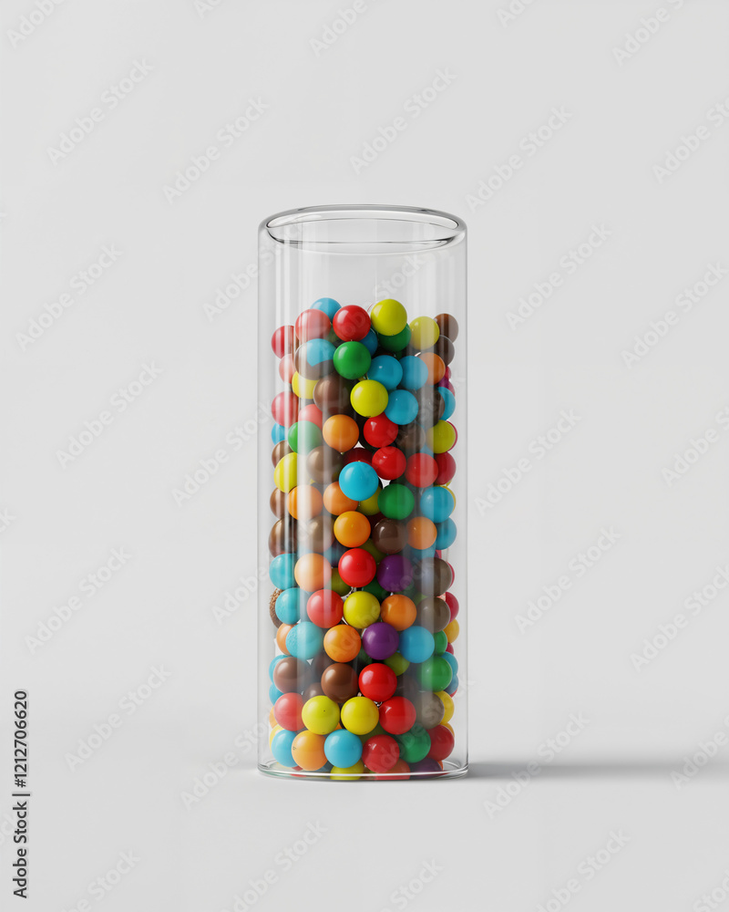 Colorful candy display in a transparent glass cylinder filled with various sweets on a light background Colorful candy display in a transparent glass cylinder filled with various sweets on a light background