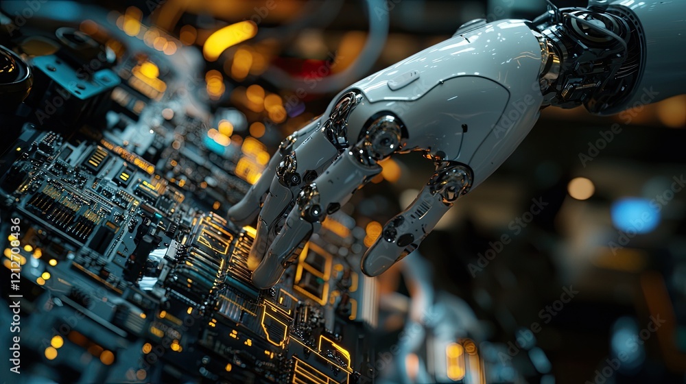 Close view of a robotics engineer adjusting sensors on a prototype, showcasing intricate circuitry and advanced components. Close view of a robotics engineer adjusting sensors on a prototype, showcasing intricate circuitry and advanced components.