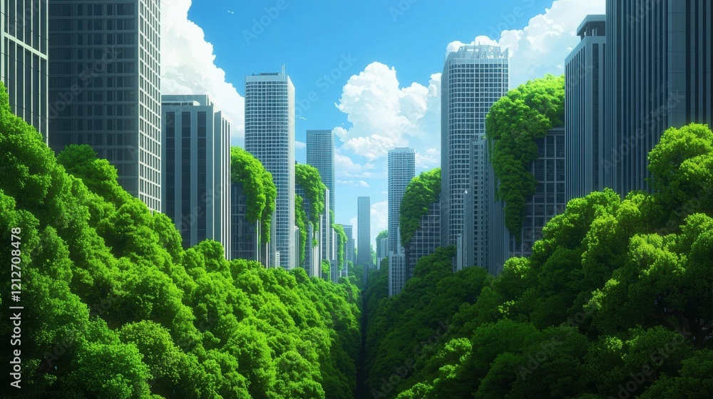 Fototapeta premium Vibrant lush greenery reclaiming a modern cityscape a vision of thriving urban nature