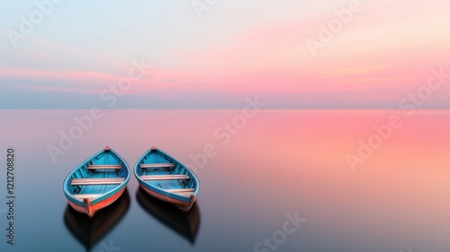 Two colorful boats float peacefully on a serene lake, reflecting soft pastel hues of the sky at sunset.