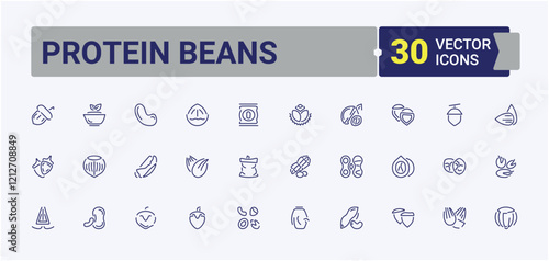 Protein Beans linear icon collection. It contains symbols to sunflower, app, coconut, pumpkin, vegetarian, macadamia, web, walnut. Pixel perfect. Editable vector stroke.