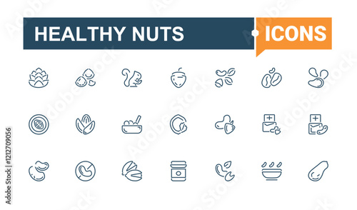 Healthy Nuts Set of icons. Icons app, pistachio, protein, walnut, hazelnut, snack, acorn, vegetarian. Pixel perfect. Editable vector stroke.