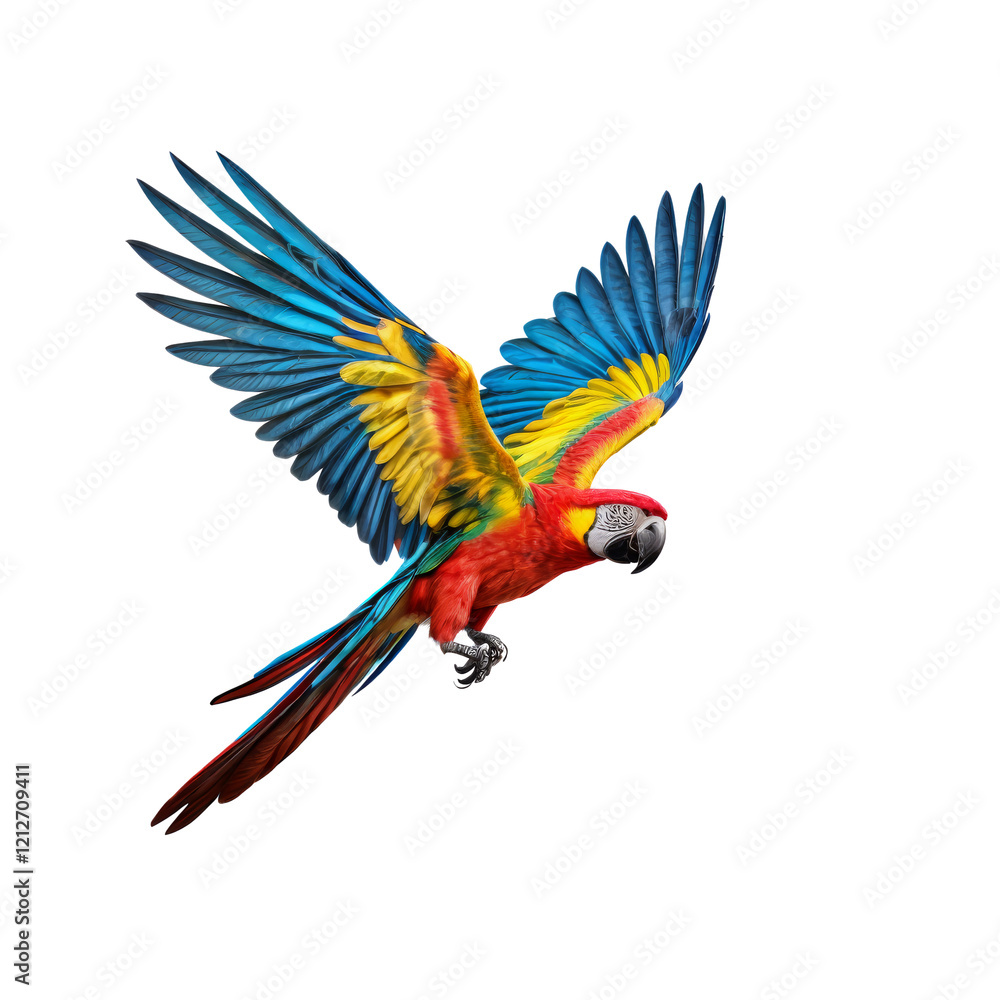Fototapeta premium Soaring Macaw: A vibrant macaw spreads its wings in a graceful display of flight, showcasing its colorful plumage and captivating presence in mid-air.