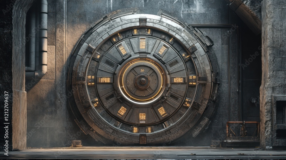 Futuristic Metal Vault Door in a Dark Setting Futuristic Metal Vault Door in a Dark Setting