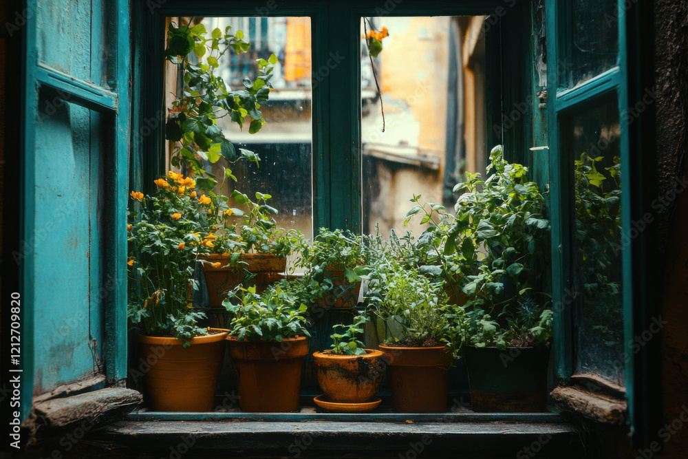 Vibrant herbs and flowers flourish in a rustic window setting, showcasing natural beauty and charm Vibrant herbs and flowers flourish in a rustic window setting, showcasing natural beauty and charm