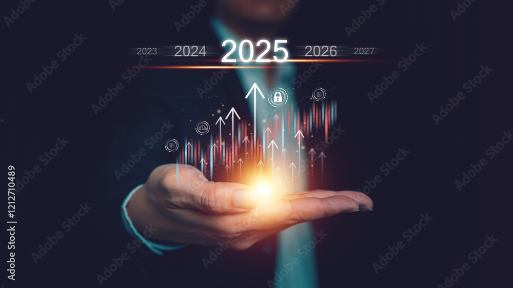 New Year Countdown Concept 2025, Businessman touches Virtual Screen with Business Growth Graph New Year Countdown Concept 2025, Businessman touches Virtual Screen with Business Growth Graph