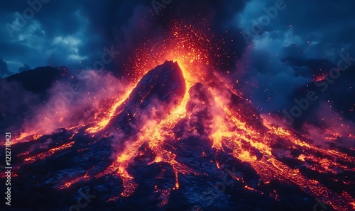 Wallpaper Mural Eruption of a volcano at night with glowing lava flowing down its slopes under a dramatic sky. Torontodigital.ca