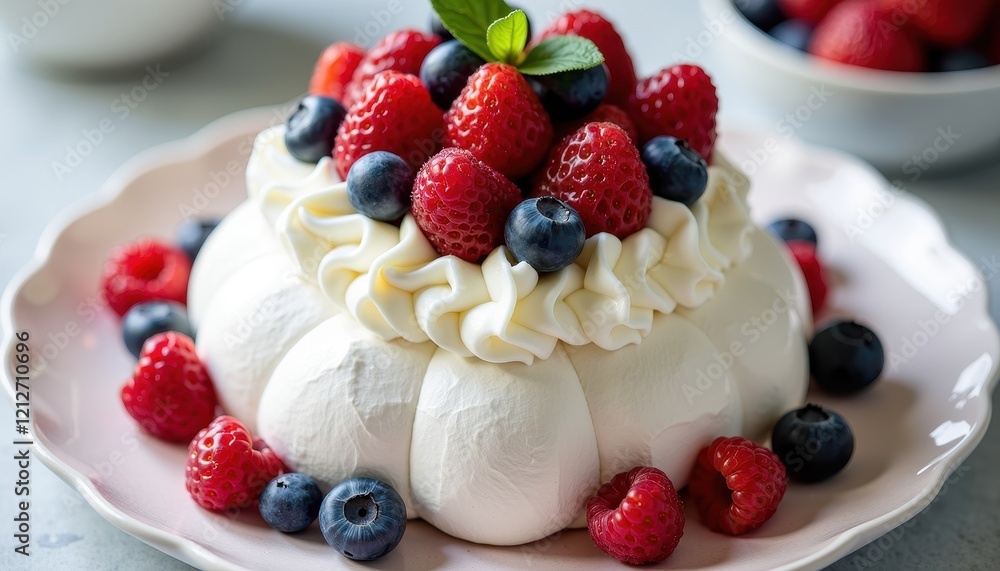 Whipped Cream and Berries Delight: Pavlova on a White Plate with Blurred Background Whipped Cream and Berries Delight: Pavlova on a White Plate with Blurred Background