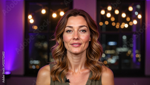 Woman discussing cryptocurrency insights in trendy studio  engaging presence