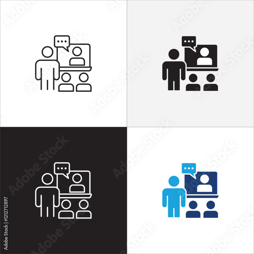 Business online meeting icon. Project conference icons. Icon suitable for symbol of online video conference, briefing, seminar, plan explanation, presenting, presenter. Vector illustration