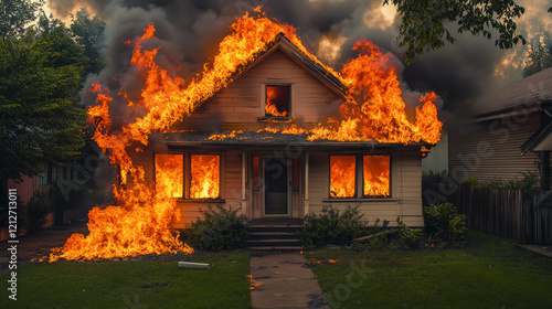 A house engulfed in flames, highlighting the devastating effects of fire and the urgency of fire safety awareness. photo