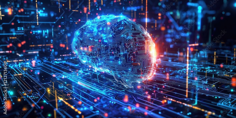 A detailed view of an advanced AI core, surrounded by neon-lit circuits and data streams, set in a dark, cyberpunk atmosphere. A detailed view of an advanced AI core, surrounded by neon-lit circuits and data streams, set in a dark, cyberpunk atmosphere.