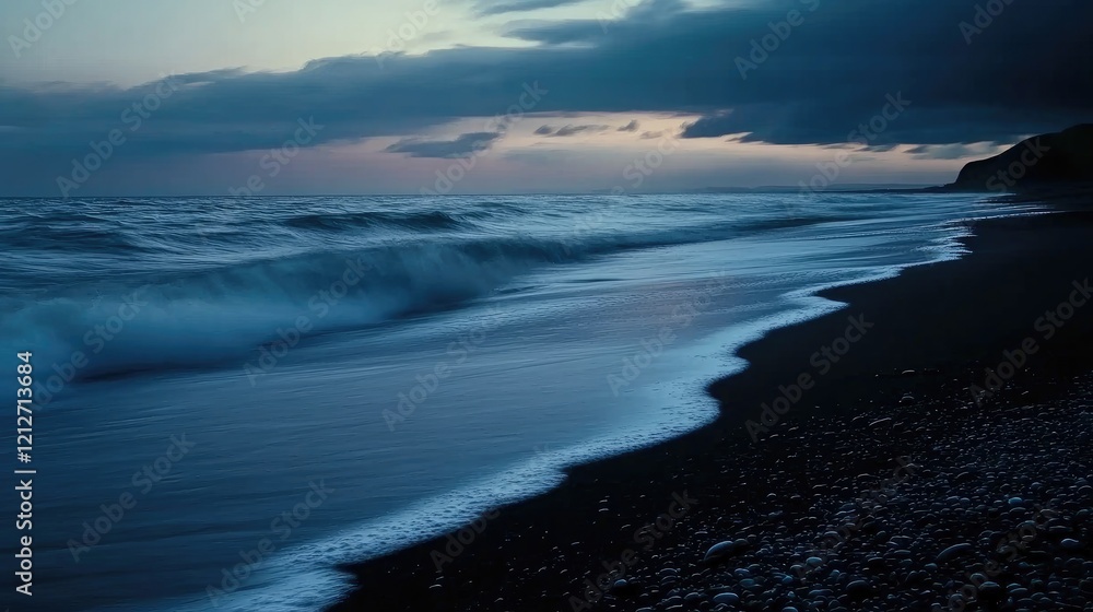 Fototapeta premium Twilight Ocean Waves Gently Rolling on Black Sand Beach with Long Exposure Effects