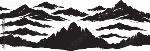 Mountains silhouettes on the white background. Wide semi-detailed panoramic silhouettes of highlands, mountains and rocky landscapes vector