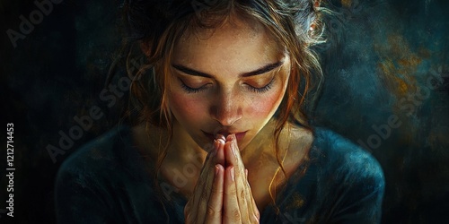 Young Woman Praying in a Dark Setting