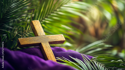 Wooden Cross on Purple Cloth with Palm Fronds