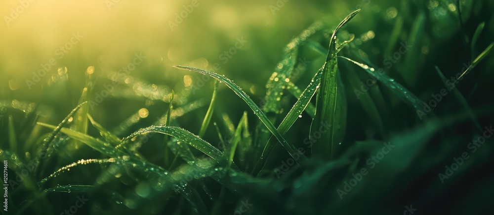 Naklejka premium Macro shot of dewy green grass at low angle with sunlight reflecting on blades and soft bokeh background highlighting summer vibes.