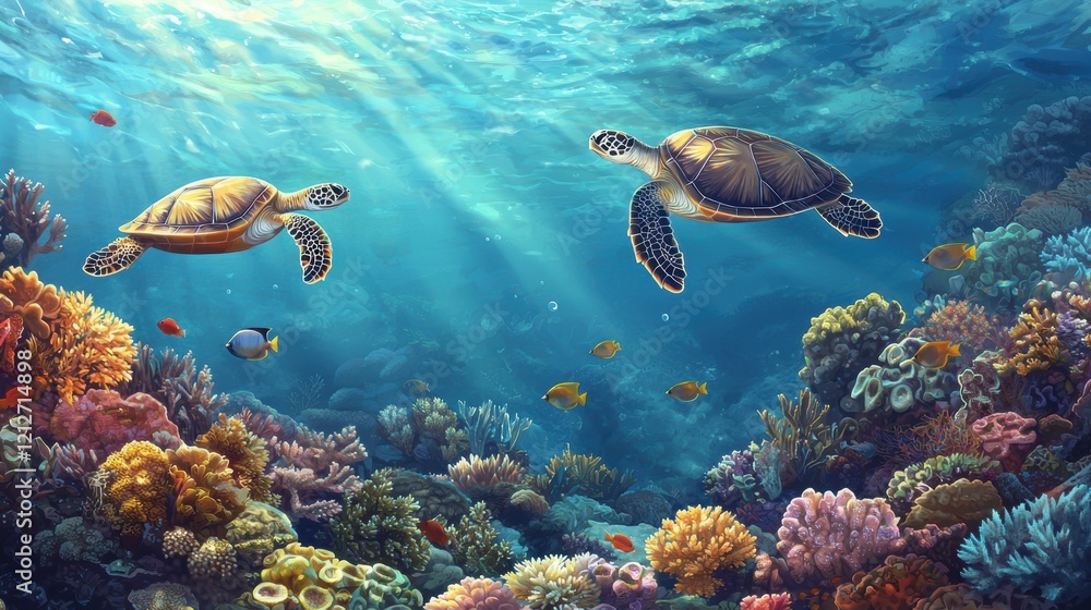 Obraz premium Underwater Paradise Two Sea Turtles Swim Over Vibrant Coral Reef