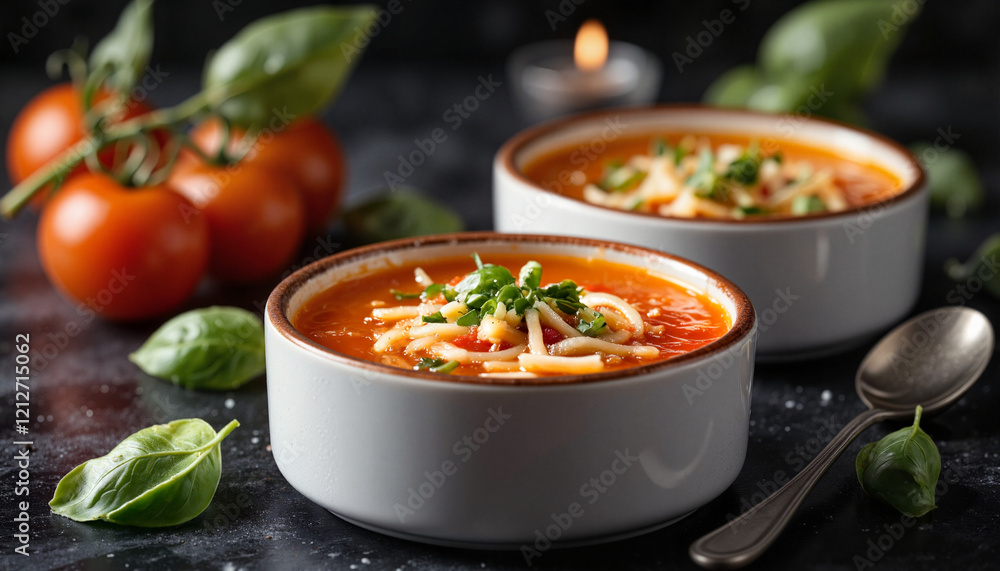 Delicious tomato basil soup served in minimalist bowls, culinary delight Delicious tomato basil soup served in minimalist bowls, culinary delight