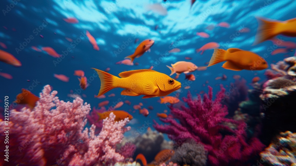 Fototapeta premium Luminous coral reef teeming with vibrant orange fish gracefully swimming in schools