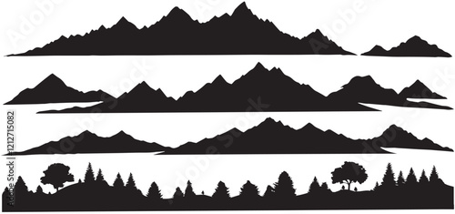 Mountains silhouettes on the white background. Set of elements landscape with silhouette mountain peaks. Hand drawn vector