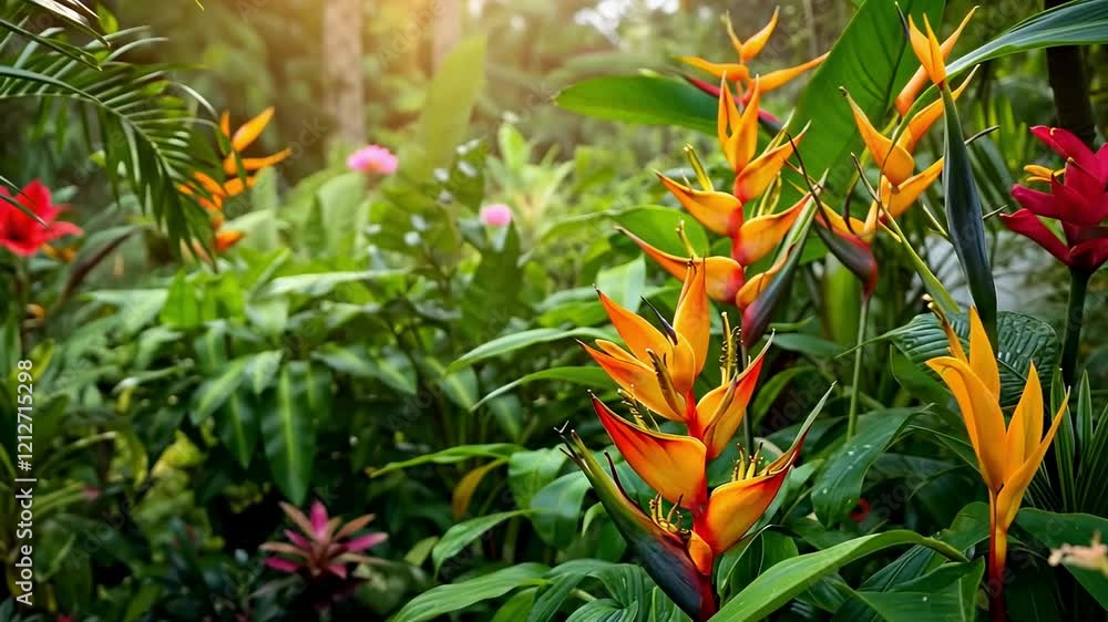 Vibrant tropical garden with blooming flowers and lush greenery in sunlit ambiance Vibrant tropical garden with blooming flowers and lush greenery in sunlit ambiance