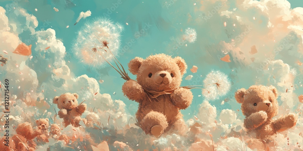 Teddy Bears Floating Amongst Dandelions and Clouds Teddy Bears Floating Amongst Dandelions and Clouds