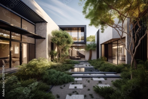 Modern Courtyard Oasis With Lush Greenery And Concrete Architecture