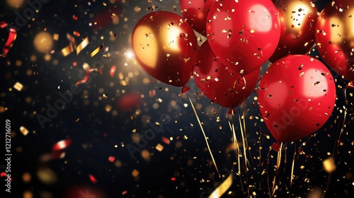Wallpaper Mural Festive celebration scene featuring shiny red balloons with golden streamers and colorful confetti falling against a dark background, ideal for joyful events Torontodigital.ca