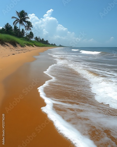 Tropical beach with palm trees and ocean waves. photo