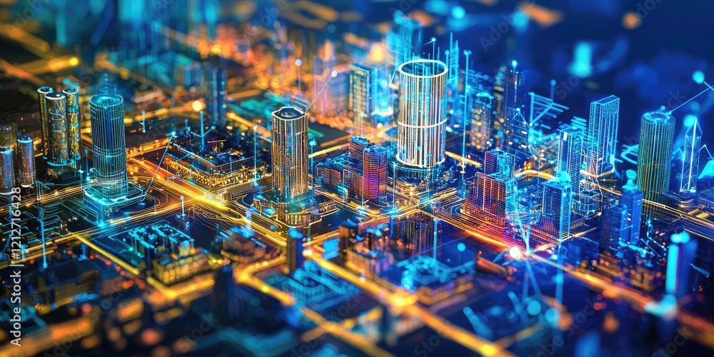 Naklejka premium Urban planning in a futuristic city, featuring robotic systems, smart technology, and advanced design elements in a high-tech environment.