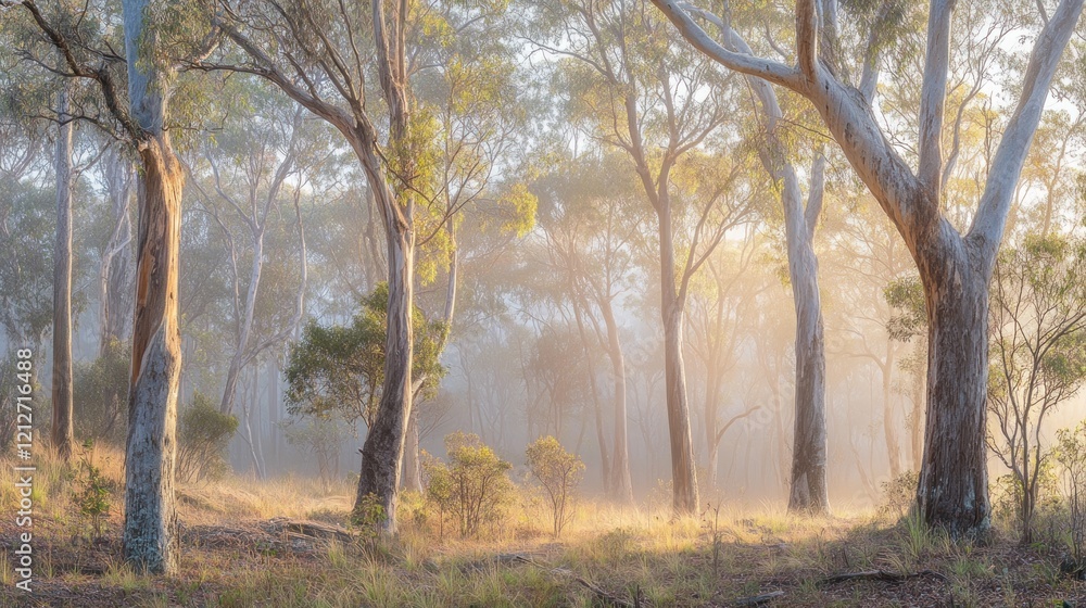 Sunlit Eucalyptus Forest In Morning Mist Sunlit Eucalyptus Forest In Morning Mist