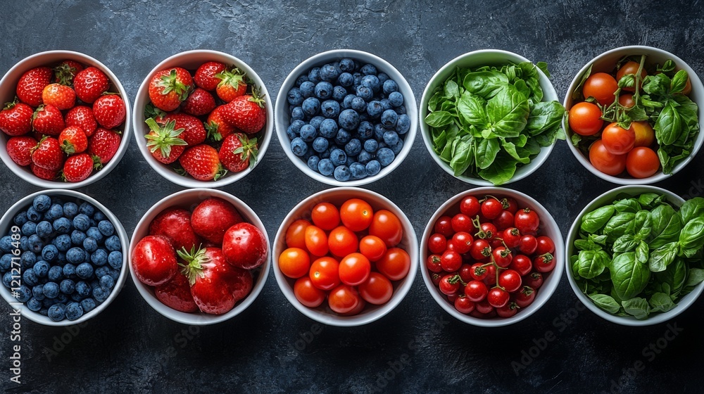 Assorted berries and greens in small bowls Assorted berries and greens in small bowls