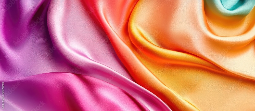 Fototapeta premium Vibrant Multicolored Silk Fabric Texture in Warm Tones with Smooth Flowing Drapes and Blank Space for Elegant Text Overlay