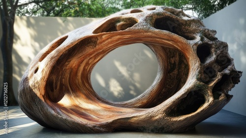 Organic sculpture of twisted tree roots showcasing natural curves and hollow formations in a serene outdoor setting photo