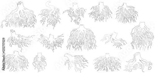 set tree roots line cad, minimal isolated on white background