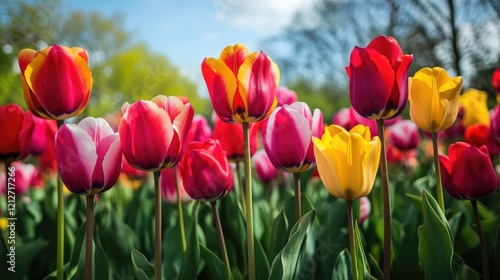 Tulip fields in full bloom showcasing vibrant colors in spring with a scenic countryside backdrop and clear blue skies.