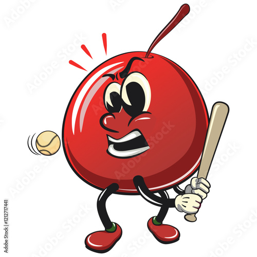 Cute red cherry fruit vektor illustration mascot character playing baseball ready to hit the ball with the bat, work of hand drawn