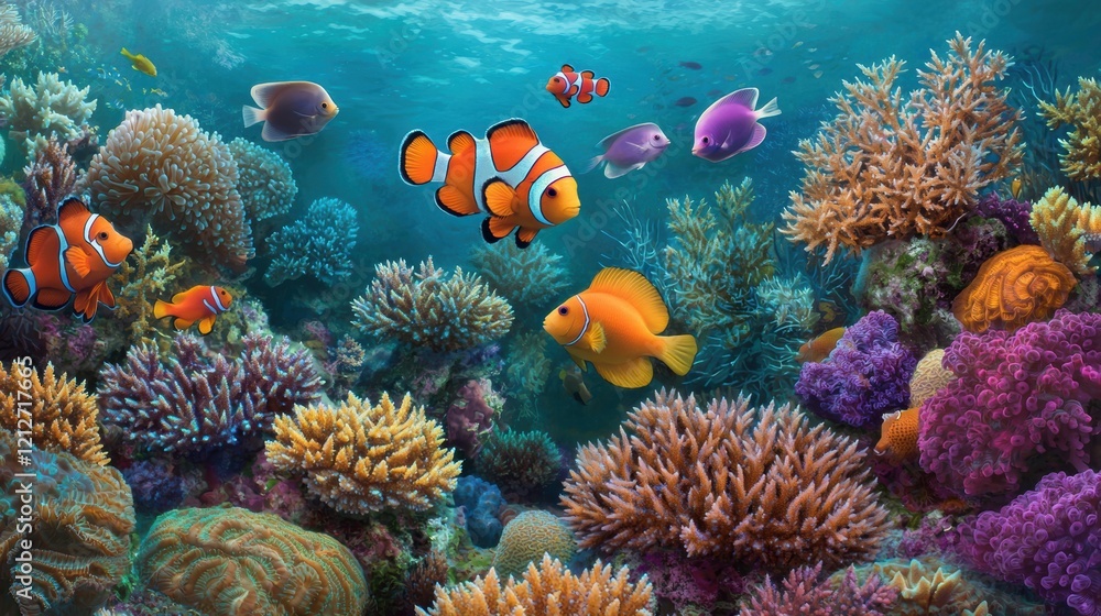 Fototapeta premium Vibrant Coral Reef with Colorful Fish Swimming
