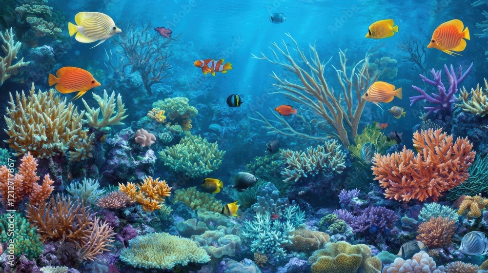 Obraz premium Vibrant Underwater Scene Colorful Coral Reef and Tropical Fish